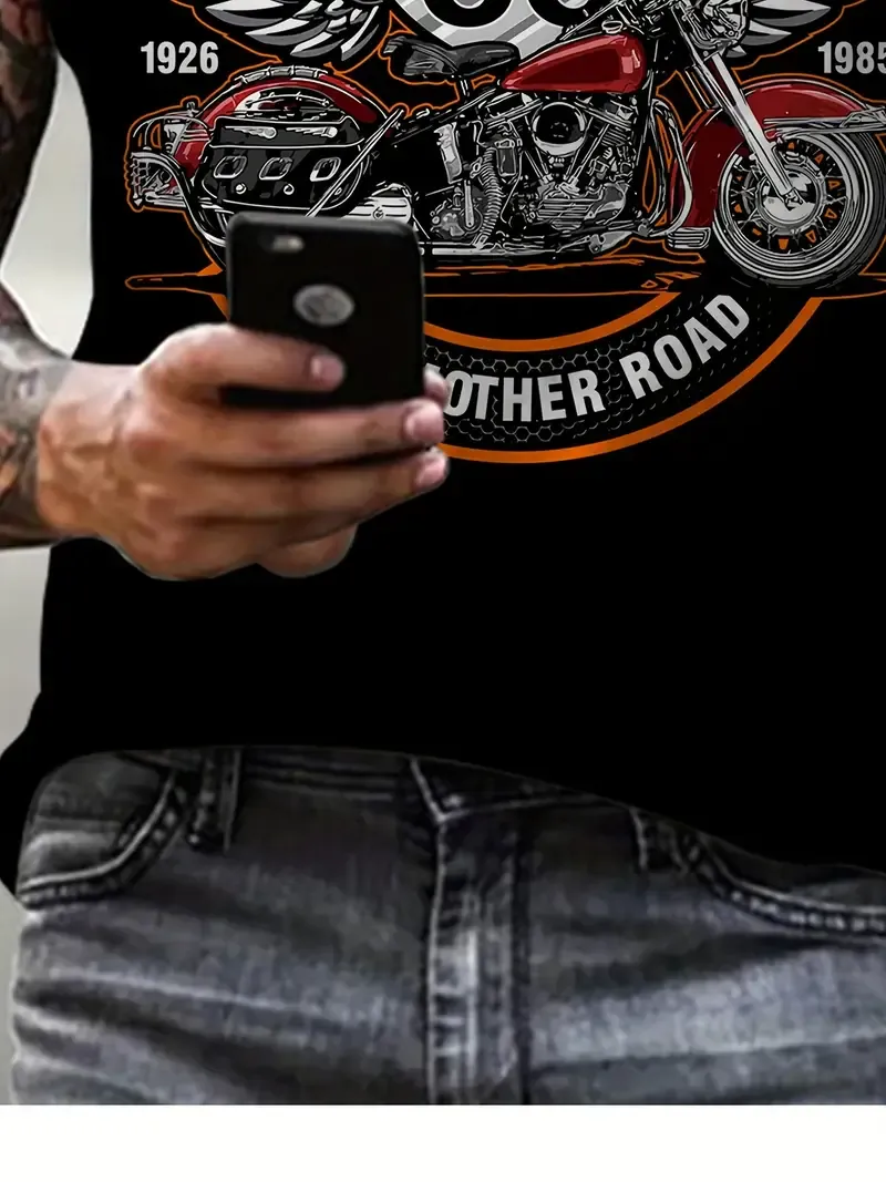 3D Route 66 Motorcycle Print Men's Trendy Color Block Short Sleeve Crew Neck T-shirt, Summer Outdoor
