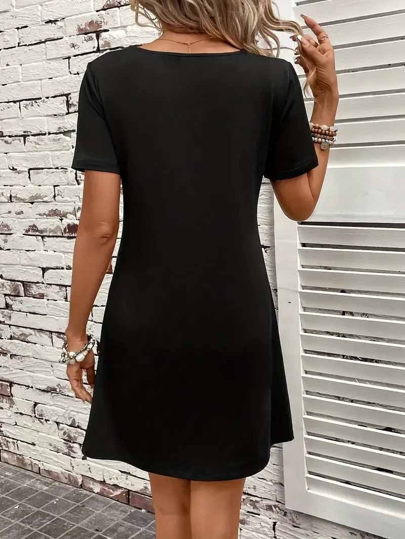 Short Sleeve Casual Dress for Spring & Summer, Color Block Button Decor Women's Dress
