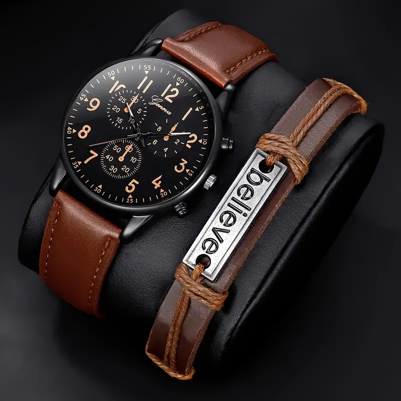 1pc Men's Simple Round Pointer Quartz Watch & 1pc Bracelet