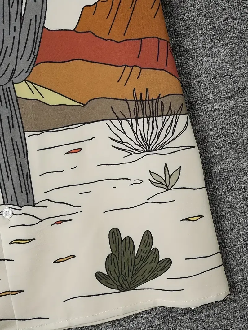 Men's Sunset & Cactus Print Short Sleeve Shirt For Summer, Casual Comfy Shirt As Gift