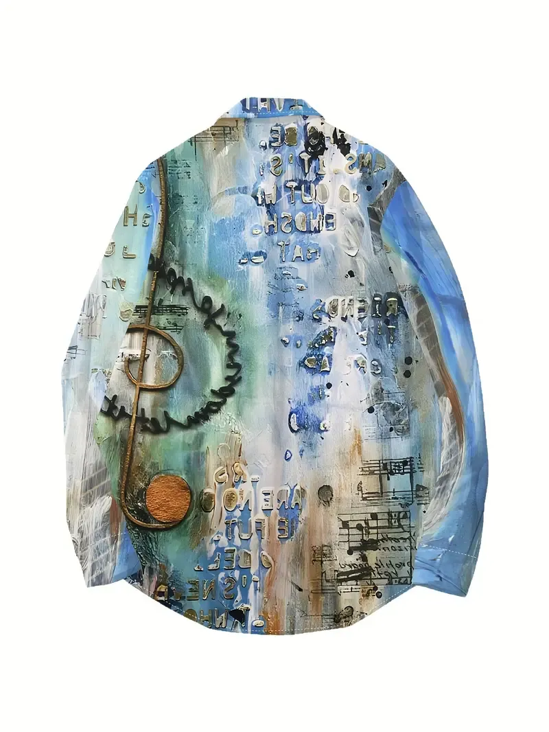 Limited-time offer Men's Distressed Music Notes Print Long Sleeve Lapel Shirt For Spring And Fall, Casual Comfy Trendy Shirt As Gift