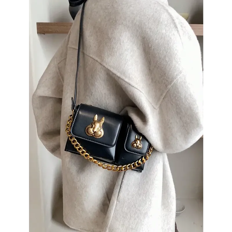 Retro Rabbit Head Decor Crossbody Bag, Trendy Chain Mini Handbag, Vintage Multi Pockets Shoulder Bag For Women