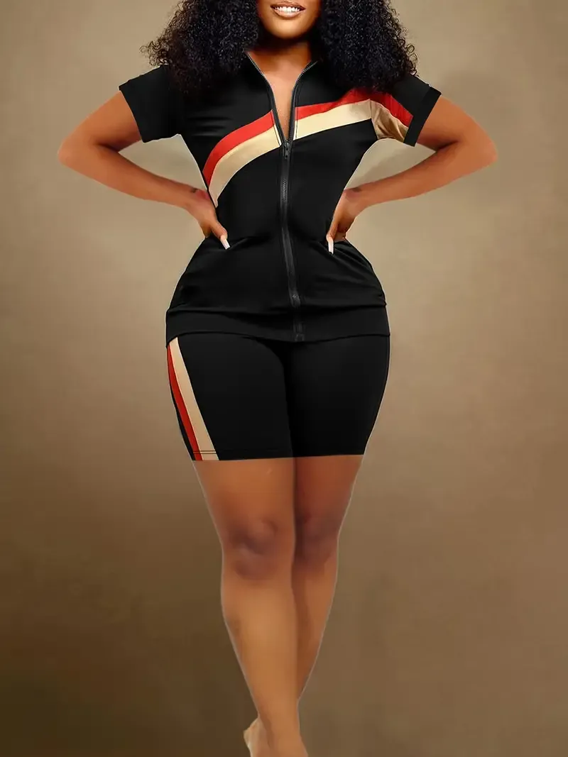 Casual Color Block Two Pieces, Zip Up Short Sleeve Slim Top & Skinny Shorts Outfits, Women's Clothing