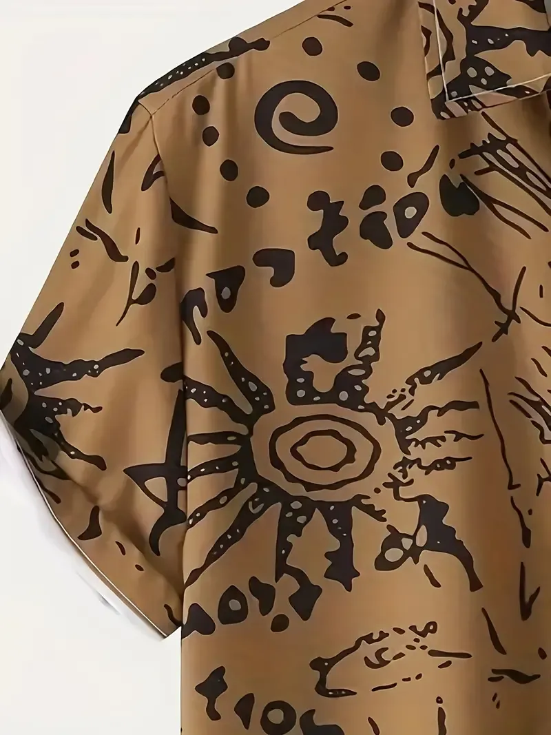 Men's Geometric Print Shirt, Casual Breathable Lapel Button Up Short Sleeve Shirt For Outdoor Activities
