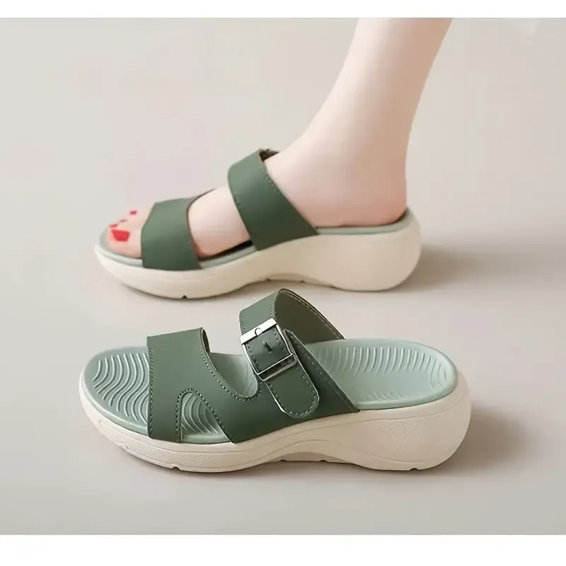 Women's Fashion Slide Sandals - Casual, Machine Washable, Solid Color with Buckle Closure, Round Toe Design, Vegan Cover Upper & EVA Insole