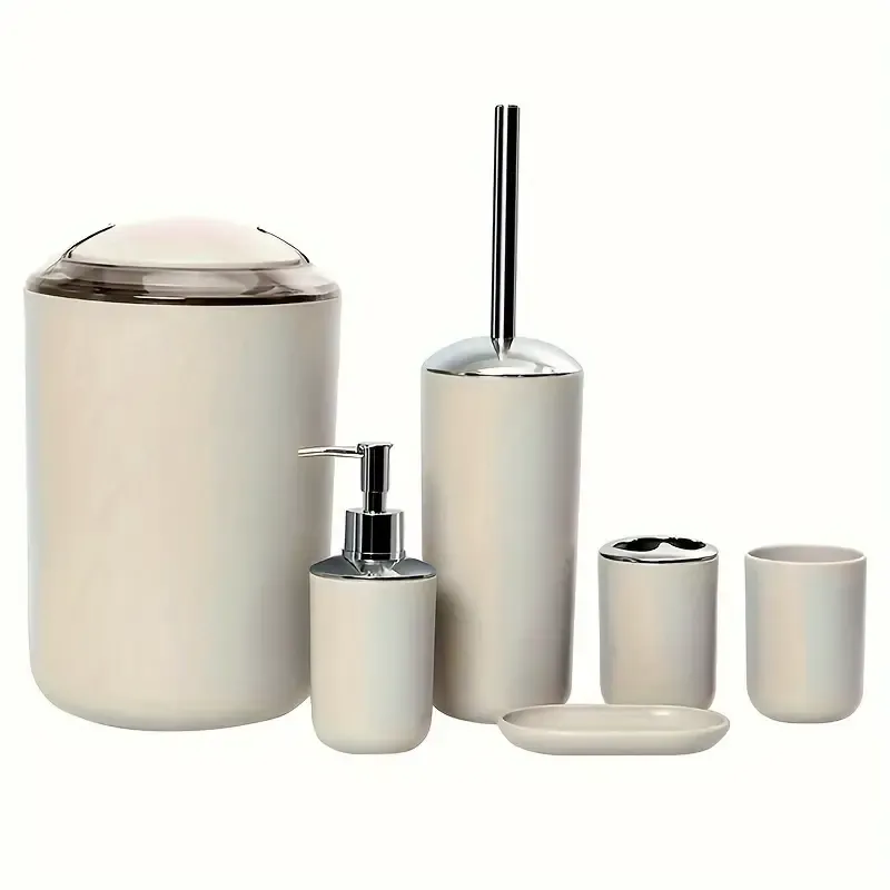 6pcs Bathroom Accessories Set, Including Soap Dispenser, Toothbrush Holder, Toothbrush Cup, Soap Dish, Toilet Brush, Trash Can Gift For Decorating Countertop And Housewarming Joy, Beige Halloween Christmas Gift!