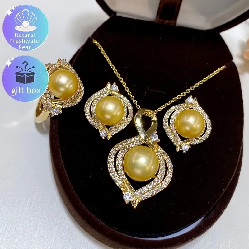 Freshwater Golden Pearl Set Necklace Pure Silvery Ear Pins Three-piece Set Between the Clavicle Style Simple and Elegant Pearl Warm and Exquisite Small and Elegant Tassel Simple but Not Simple Lucky Protection Precise and High-end Craftsmanship Holiday Gift Suitable for Birthday Gifts Christmas Gifts Anniversary Gifts Wedding Reception Party Banquet Gift Box Style Randomly Gifted