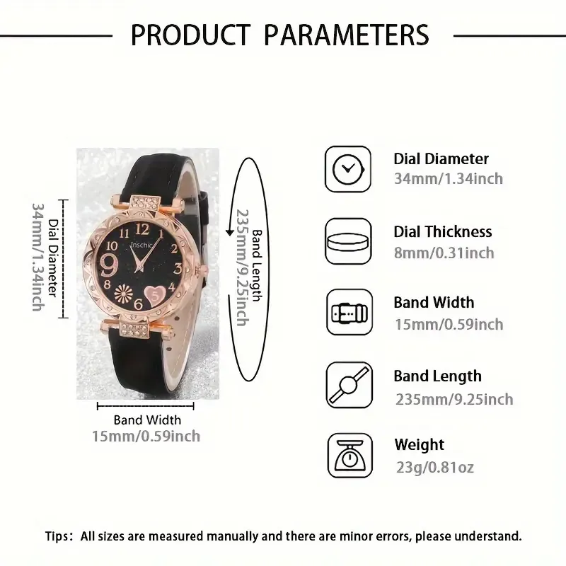 6pcs/set Women's Cute Heart Rhinestone Quartz Watch Analog PU Leather Wrist Watch & Bracelets, Valentines Gift For Her
