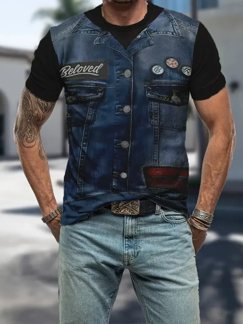 Denim Creative 3D Print Men's Short Sleeve T-Shirt, Casual Round Neck Top, Versatile And Comfortable Tee, Spring& Summer Collection