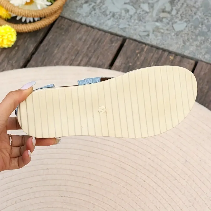 Women's Summer Thong Sandals, Casual Flat Sandals With Denim Straps And Studded Accents, Breathable Canvas Non-Slip Sole For Beach Wear
