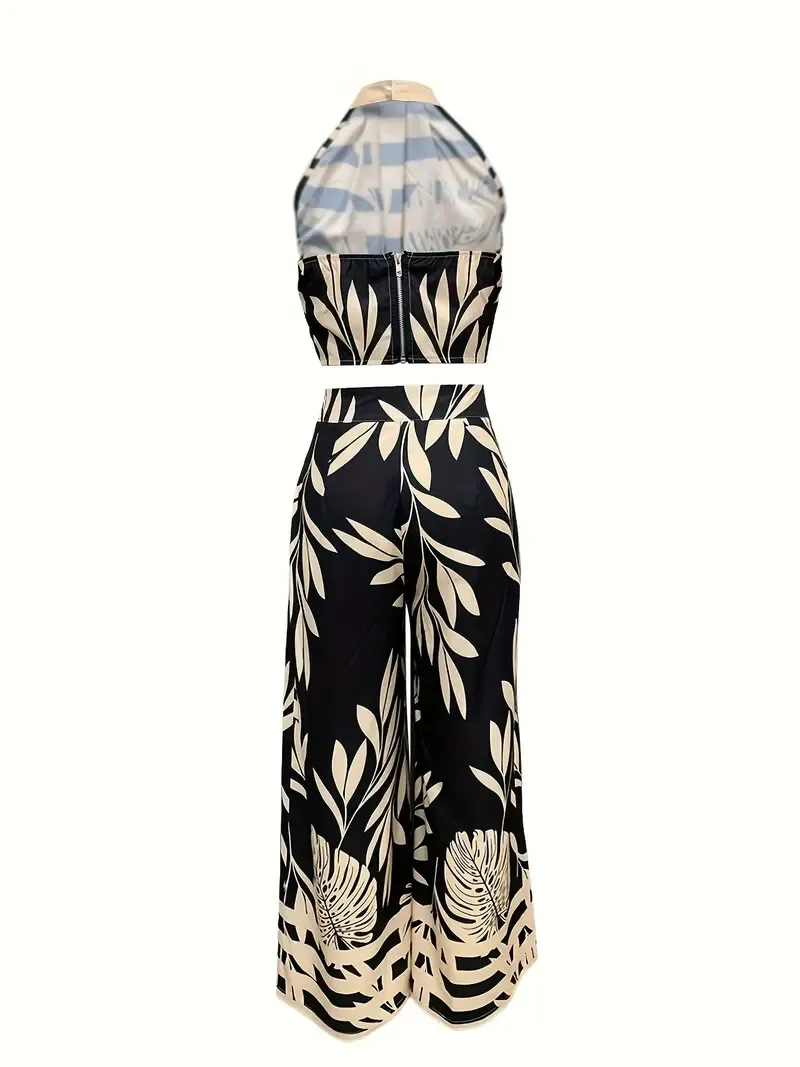 Two-piece Set, Plants Print Halter Zip Back Sleeveless Backless Top & Pants Outfits, Women's Clothing for Vacation