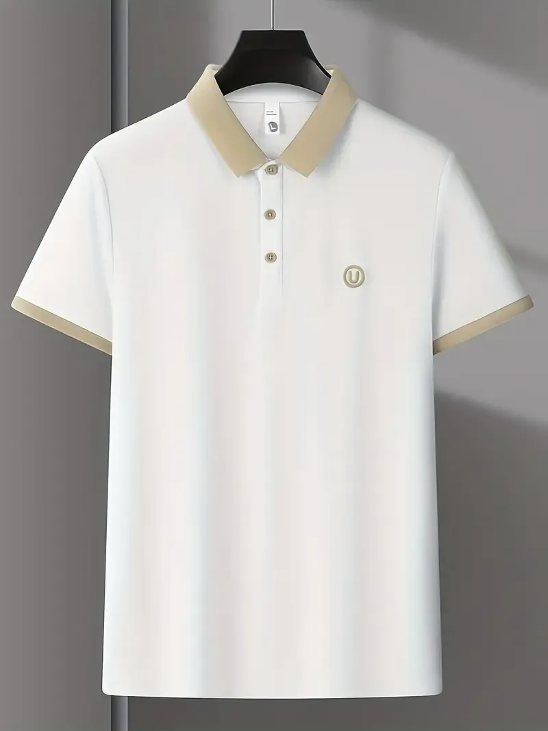 Men's Golf Shirt With Embroidered Design, Casual Slightly Stretch Button Up Golf Shirt, Men's Clothing For Summer Outdoor