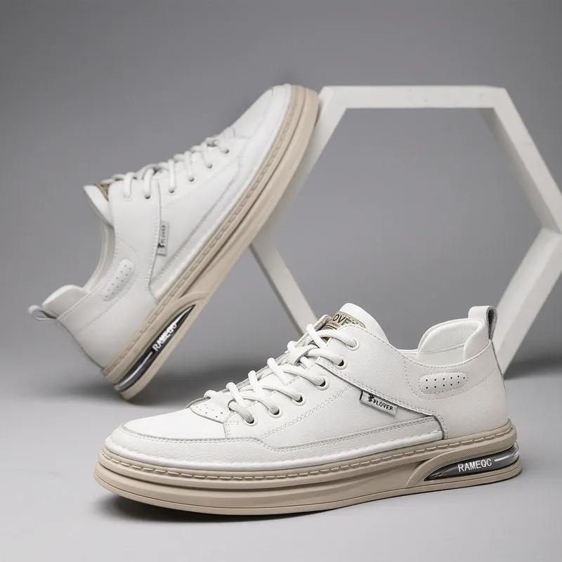 Leather platform shoes for men, casual leather shoes, trendy and versatile sports style white shoes