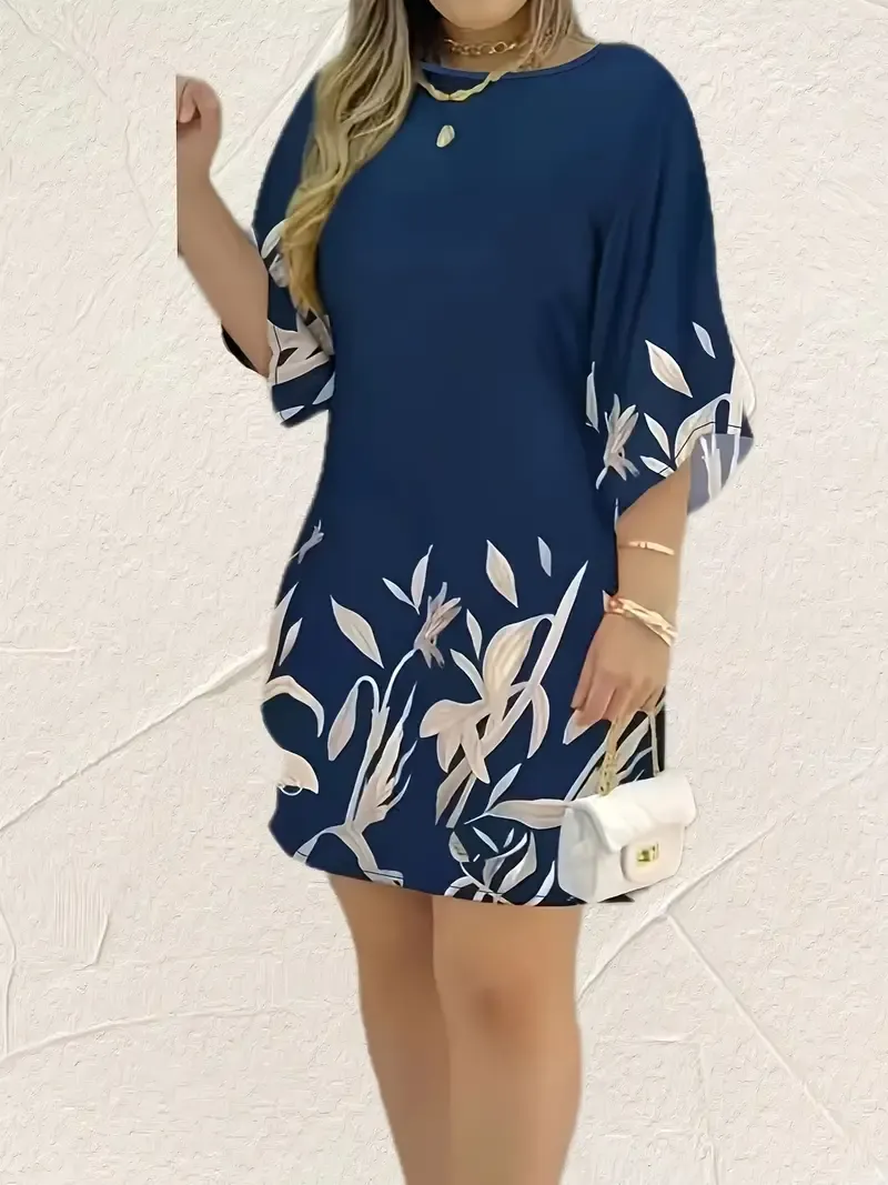 Half Sleeve Plant Print Casual Crew Neck Loose Dress for Spring & Summer, Women's Clothing