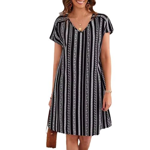 Ethnic Print V-neck Dress, Vacation Style Short Sleeve Slim Fit Dress For Spring & Summer, Women's Clothing