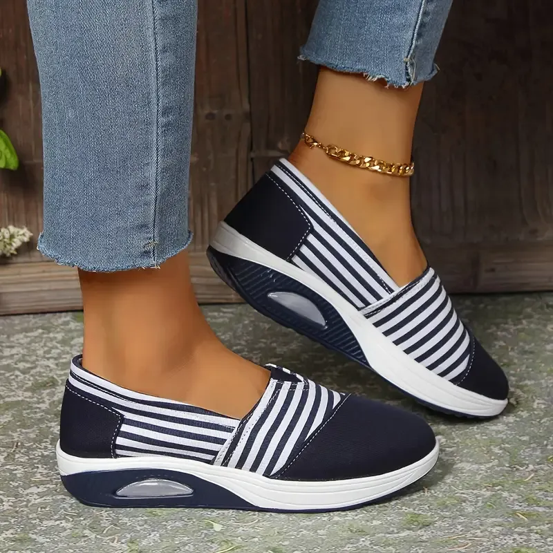 Striped Canvas Fashion Sneakers for Women - Comfortable All-Season Slip-On Low Top Round Toe Shoes with Fabric Inner, PU Sole - Hand Wash or Dry Clean Safe