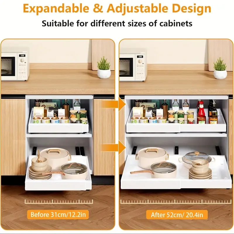 1 Pack Expandable Pull Out Cabinet Organizer, Heavy Duty Slide Out Drawers Adhesive With Nano Film, Adjustable Width 31cm-52cm, Pull Out Shelves For Kitchen Pantry Organization, White