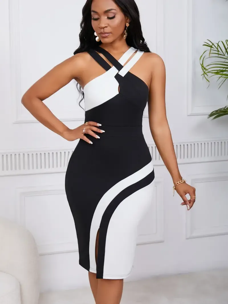2 Tone Elegant Sleeveless Colorblock Crisscross Split Bodycon Dress, Women's Clothing