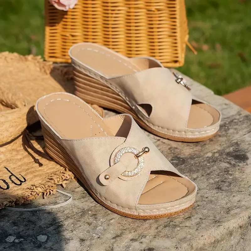 Women's Solid Color Platform Sandals, Buckle Decor Casual Slip On Wedge Slides, Non-slip Summer Slides