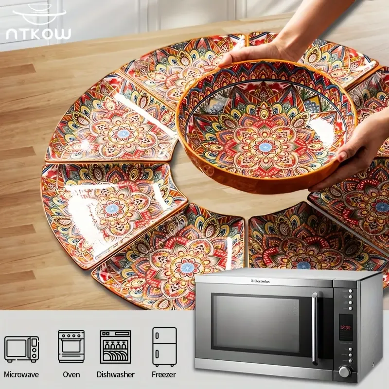 8pcs  Bohemian Reunion Platter Tableware Combination Home Use Plate Ceramic Bowl Set New Year Round Table Dinner Plate 25.4 cm