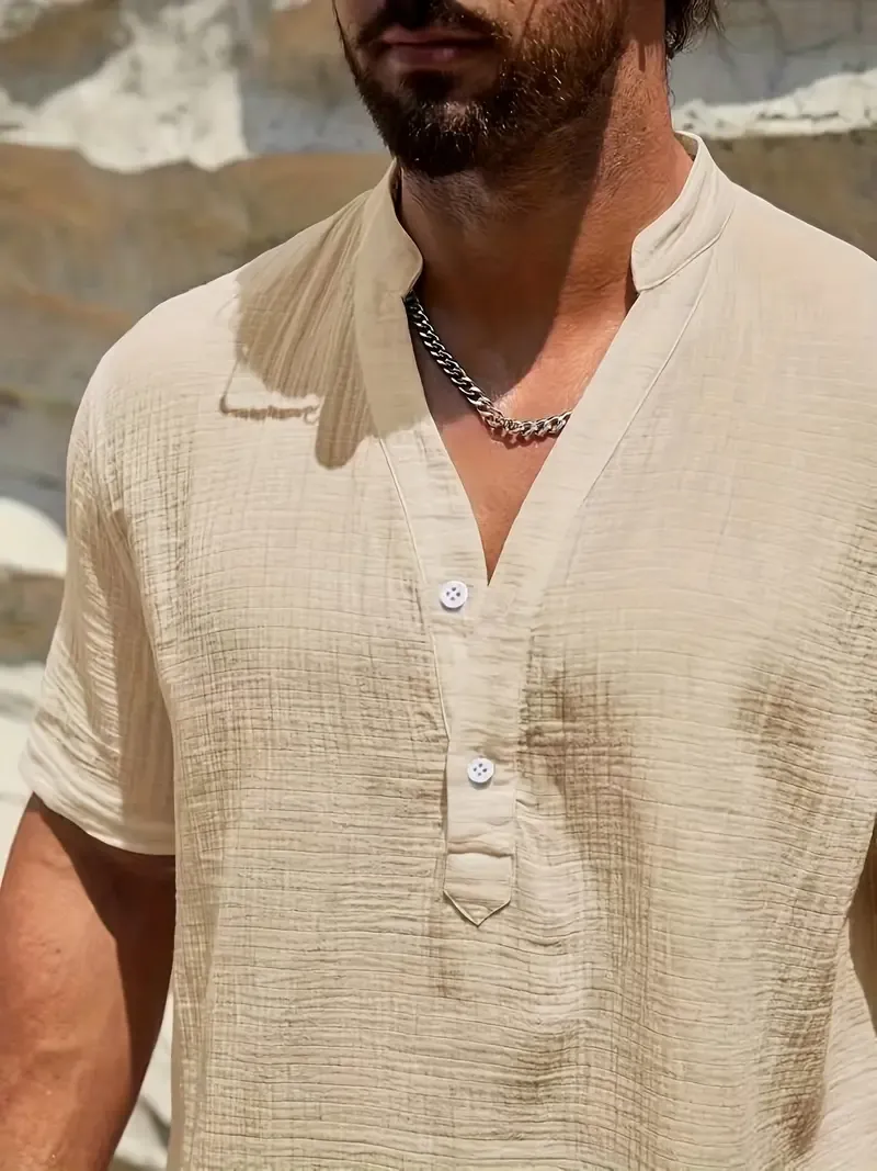 Men's Solid Cotton Short Sleeve Henley Shirt Top, Male Casual Half Button Up Shirt For Daily And Vacation Resorts Beach