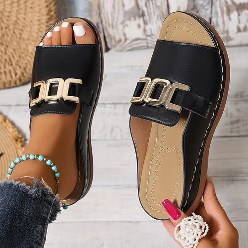 Wedge heel platform slippers large size casual fashion simple metal buckle fish mouth sandals
