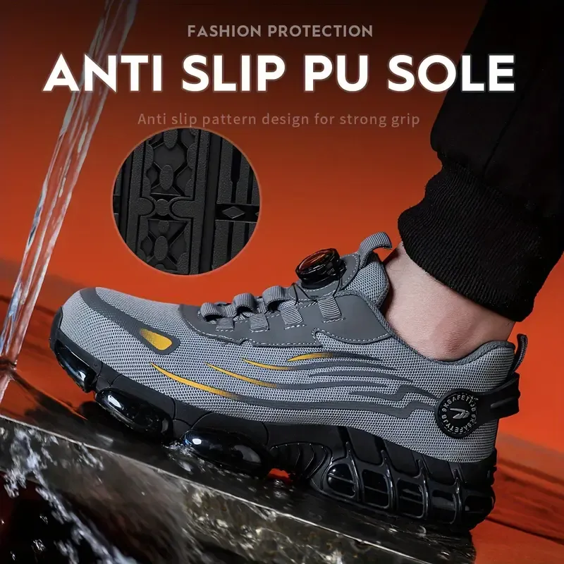 Breathable Men's Steel Toe Safety Shoes with Rotating Buckle, Comfy Non Slip Durable Work Footwear
