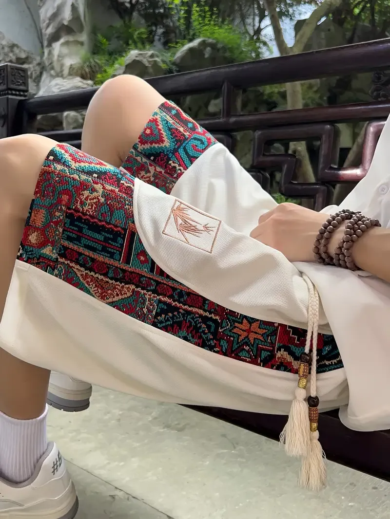 Loose Men's Shorts With Pockets, Ethnic Embroidery Graphic Print Casual Drawstring Shorts For Summer
