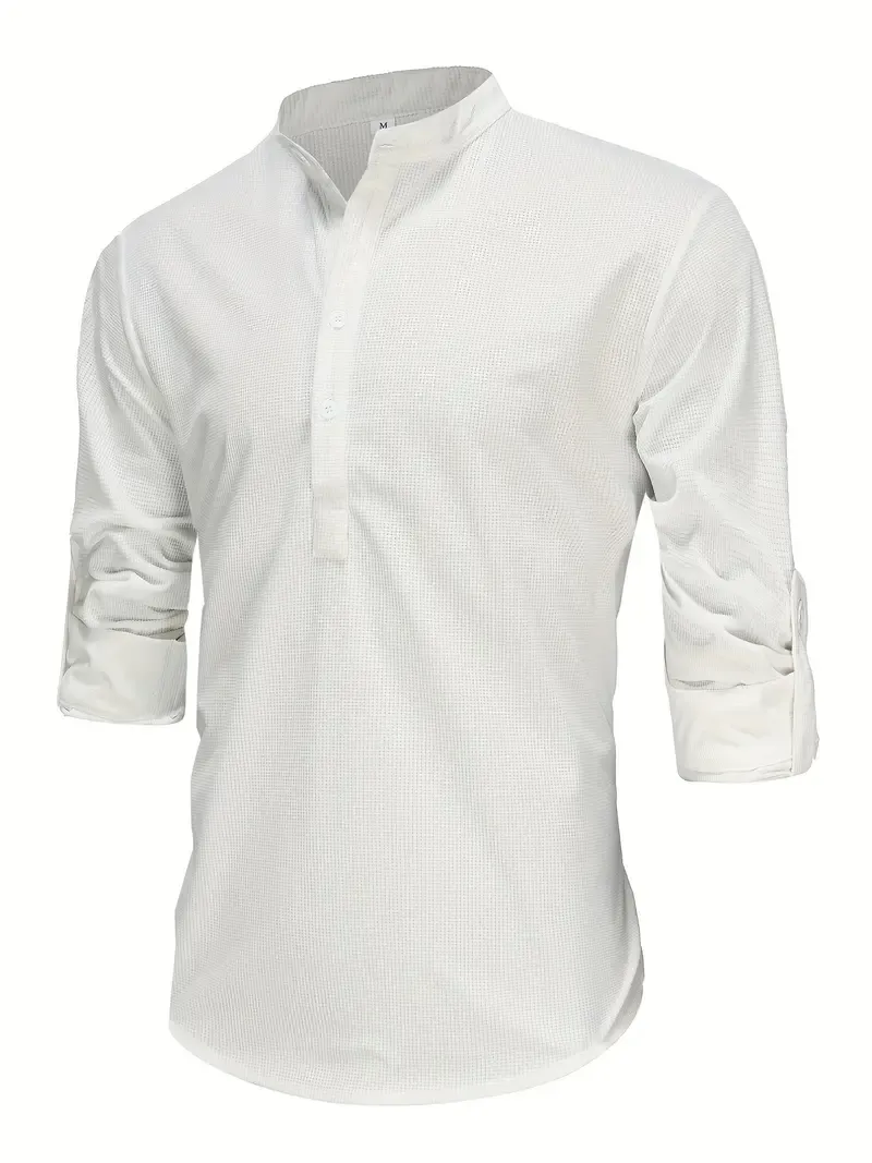 Men's Retro Casual Long Sleeve Stand Collar Shirt With Half Button, Spring Fall Outdoor