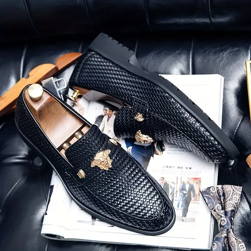 Men's Classic Slip-On Loafers with Decorative Metal Accents - Universal Fit, Solid Color, Low Top Oxfords with PU Upper, Inner & Insole, Durable Rubber Sole - Stylish Business Casual Derby Shoes