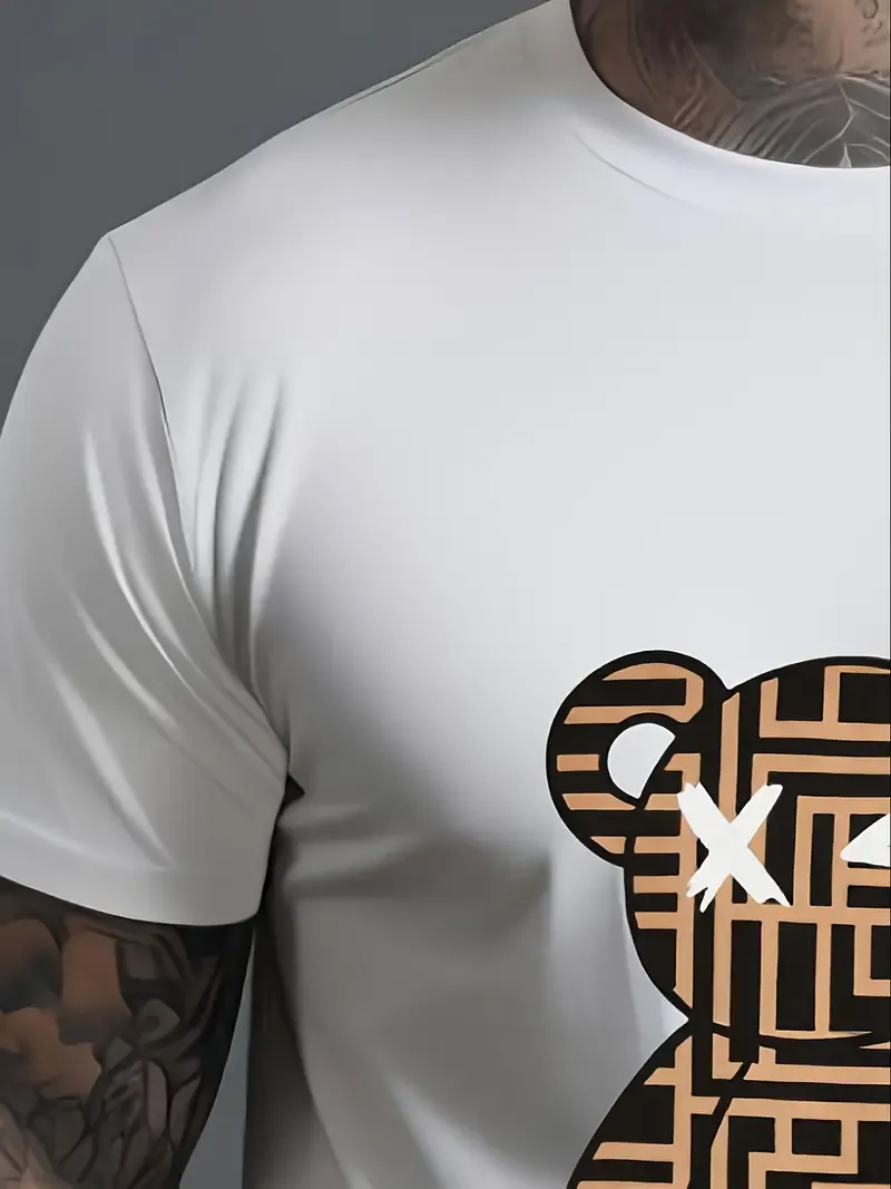 Men's Bear & Squares Pattern Graphic Print T-Shirt & Shorts co ord set For Summer, 2Pcs Outfits