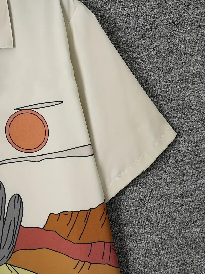 Men's Sunset & Cactus Print Short Sleeve Shirt For Summer, Casual Comfy Shirt As Gift