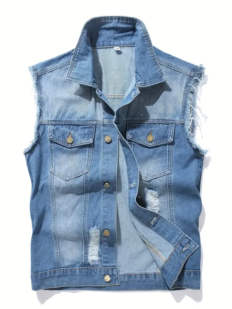 Men's Casual Button Up Lapel Collar Denim Vest Jacket With Breasted Pockets And Frayed And Distressed Pieces, Trendy And Stylish Tops For Summer Street Wear