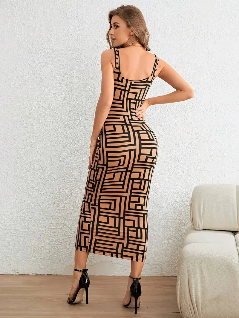 Geo Print Square Neck Tank Dress, Elegant Sleeveless Bodycon Dress For Spring & Summer, Women's Clothing