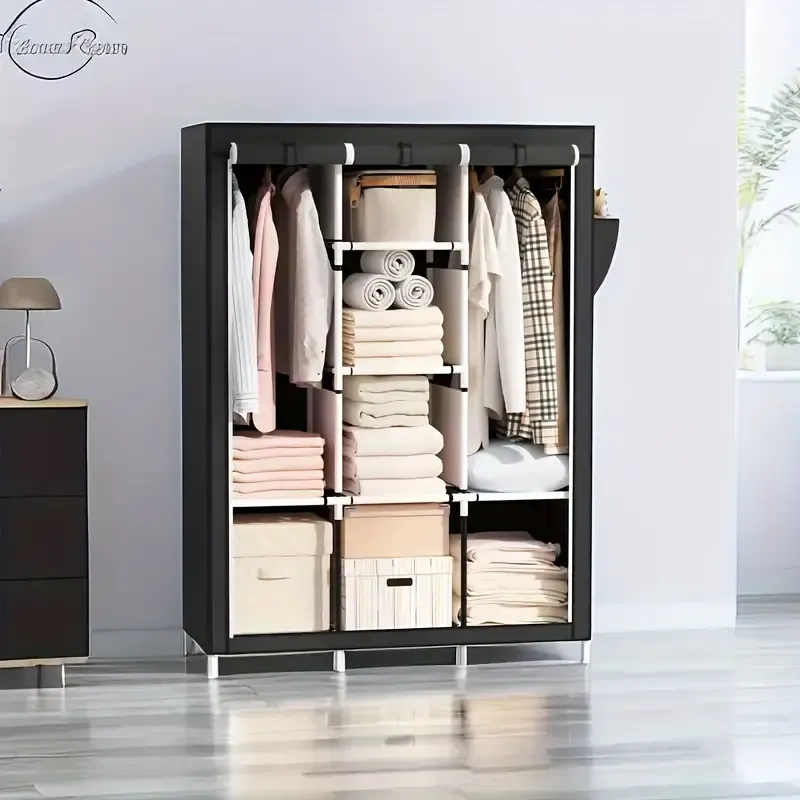 Multifunctional Simple Wardrobe with Reinforced Metal Frame, Space-Saving Closet Organizer for Home Bedroom Storage