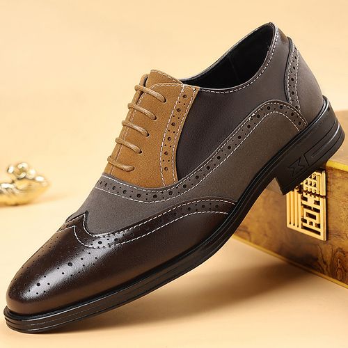 Plus-size formal men's shoes, brogue detailing, trendy men's business casual leather shoes, breathable new style, British color blocking.