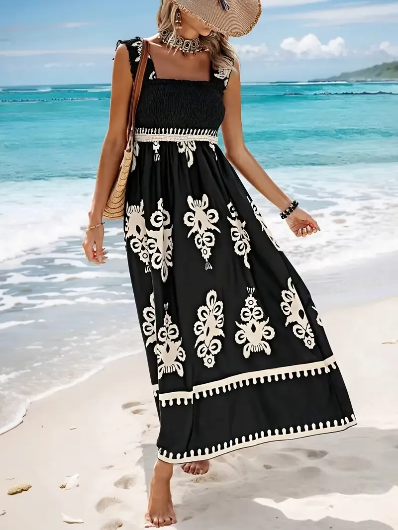 Wide Strap Graphic Print Dress, Sleeveless Cami Vacation Dress for Spring & Summer, Elegant Women's Clothing