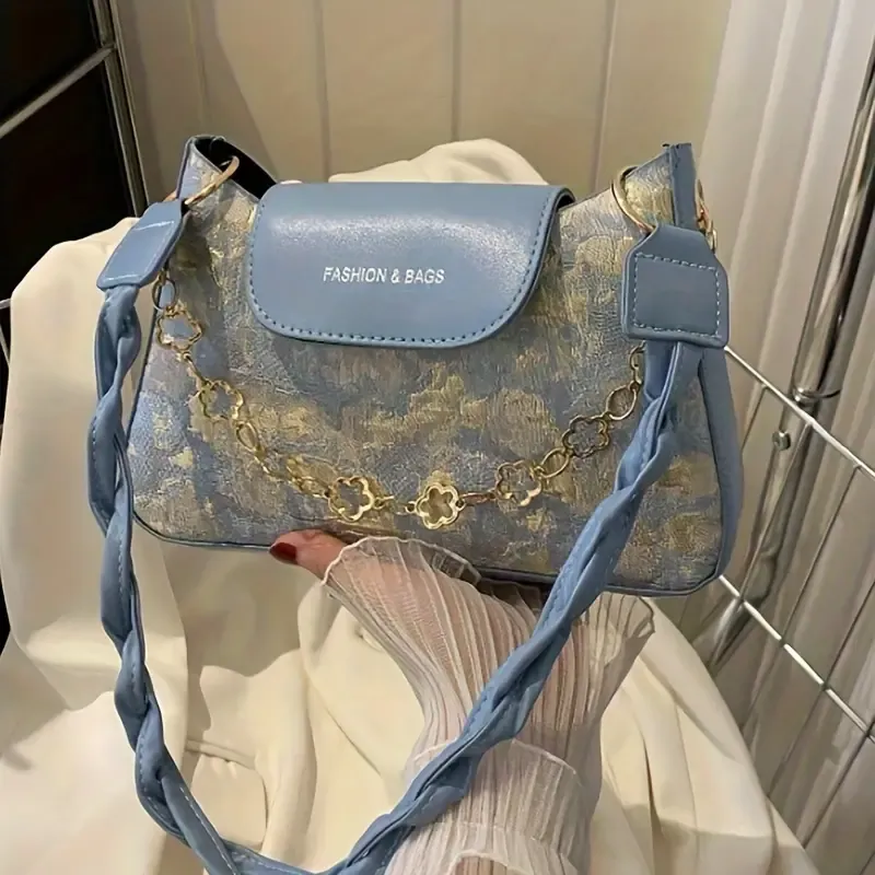 Oil Painting Shoulder Bag, Vintage Braided Strap Handbag, Flower Pattern Literary Underarm Purse For Women