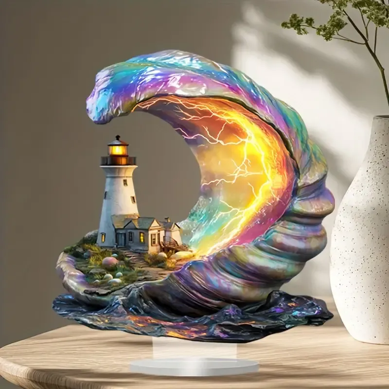 Acrylic Boho Lighthouse in Shell Tabletop Decor, Multipurpose Bohemian Style Sign & Plaque for Home, Office, Cafe, Porch, Room Decor, Unique  Gift