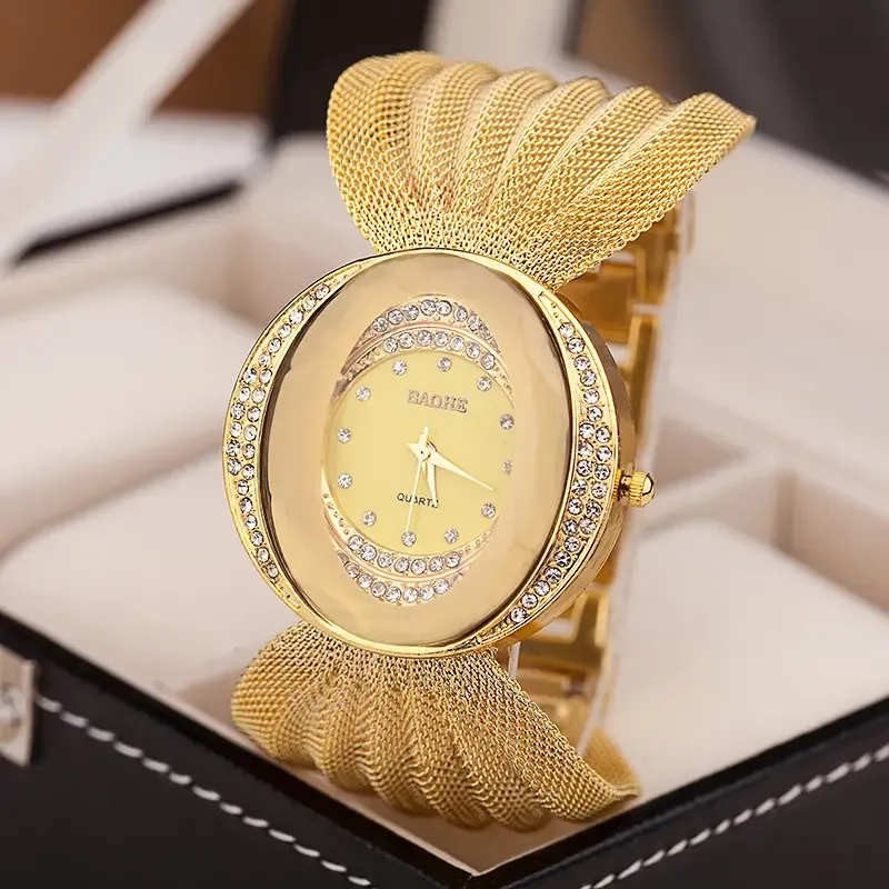 Women's Quartz Bracelet Watch Rhinestone Accented TR Mesh Band Minimalist Watch For Women Valentines Gift