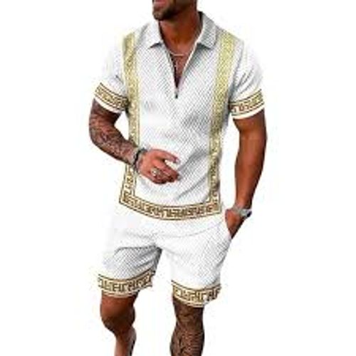 European and American men's new casual contrast color POLO zipper lapel shirt short sleeve suit