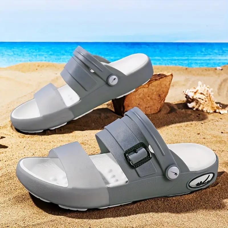Men's Trendy Color Block Open Toe Breathable Sandals With Buckle Straps, Comfy Non Slip Casual Durable EVA Sole Beach Water Shoes
