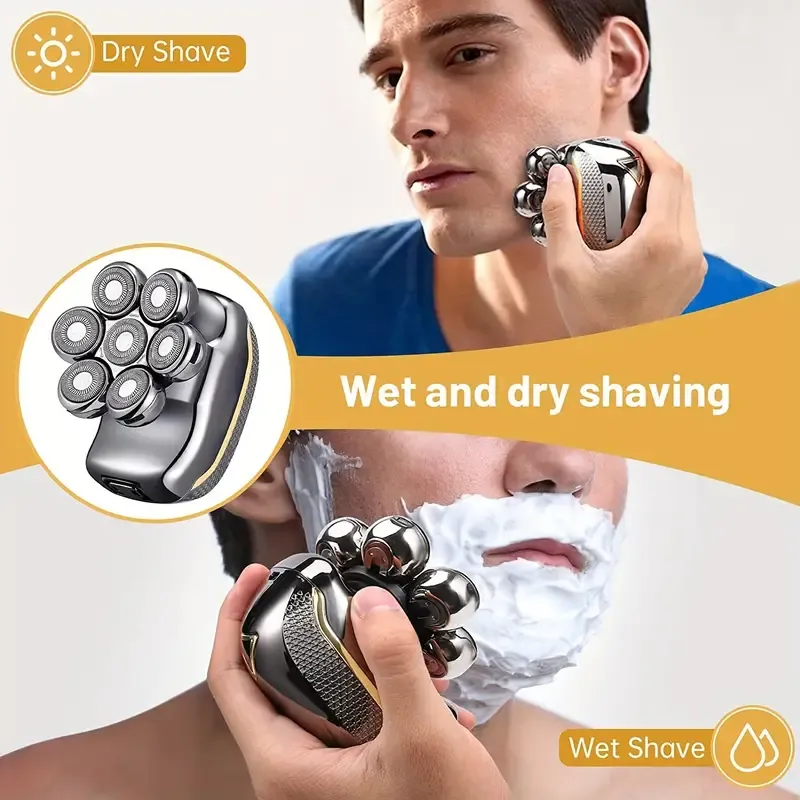 Men's Electric Head Shaver Razor, Men's Shaver - Rechargeable Cordless Hair Shaving Razors For Bald Men, 6 In 1 Wet Dry Beard Trimmer Body Hair Cutting Clipper Grooming Kit, 7 Rotary Heads, Holiday Gift Father's Day Gift