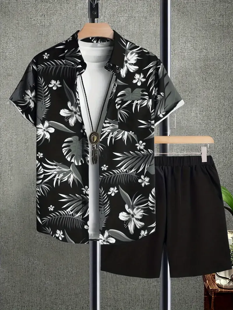 Men's Outfit, Casual Leaves Print Lapel Short Sleeve Button Up Shirt With Chest Pocket & Shorts 2-piece co ord set For Outdoor Activities