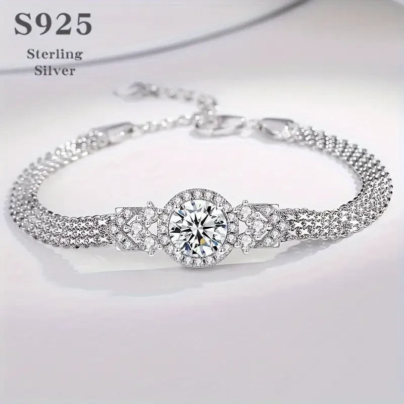 S925 Sterling Silver Moissanite Charm Bracelet, Luxury Style 18K Gold Plated Adjustable Bracelet For Women Exquisite Jewelry
