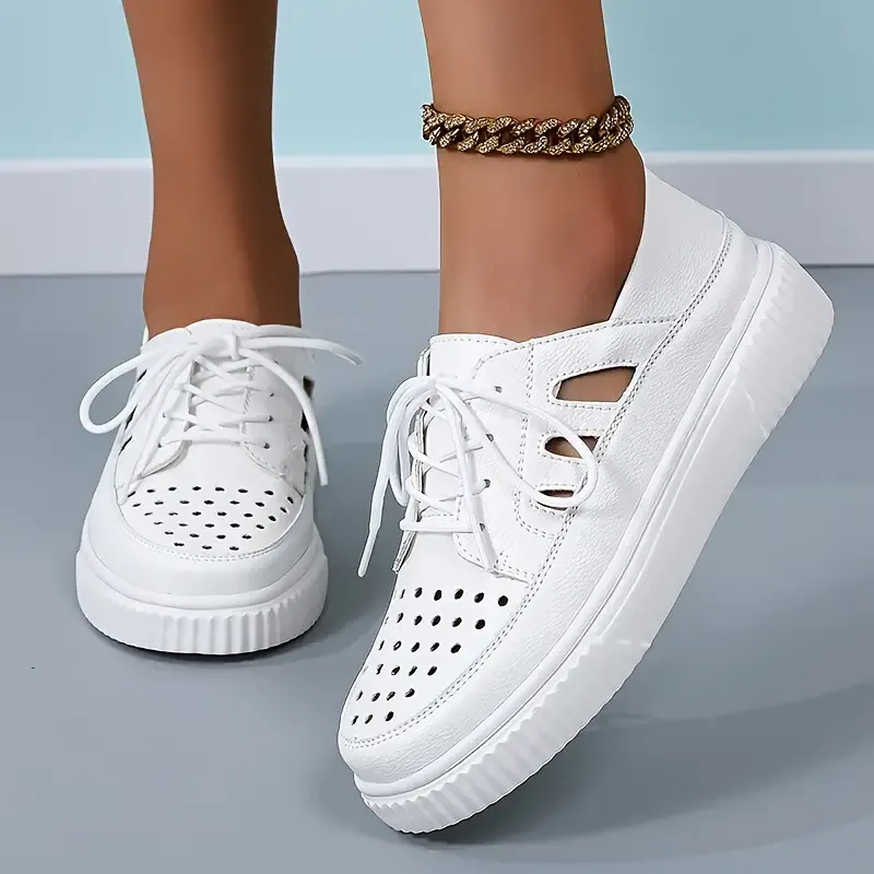 Chic Women's Breathable Sneakers - Comfortable Lace-Up Casual Shoes With Hollow Design, Soft Sole For Spring & Fall