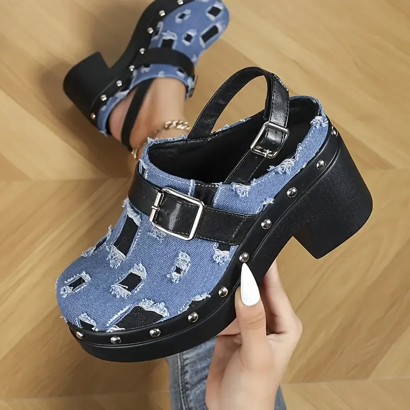 Women's Buckle Belt Clogs, Ankle Strap Comfy Platform Soft Sole Slides, Non-slip Chunky Heel Studded Decor Slides