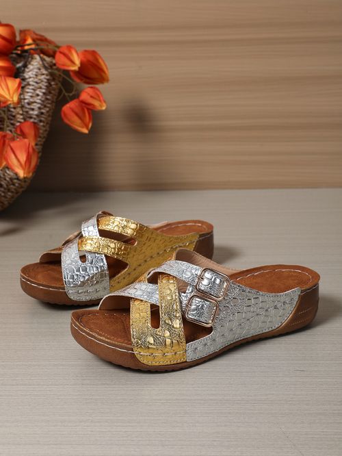 Color matching belt buckle slippers for women su