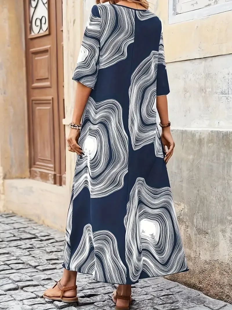 Graphic Print Crew Neck Dress, Vintage Half Sleeve Maxi Flowy Dress For Spring & Summer, Women's Clothing