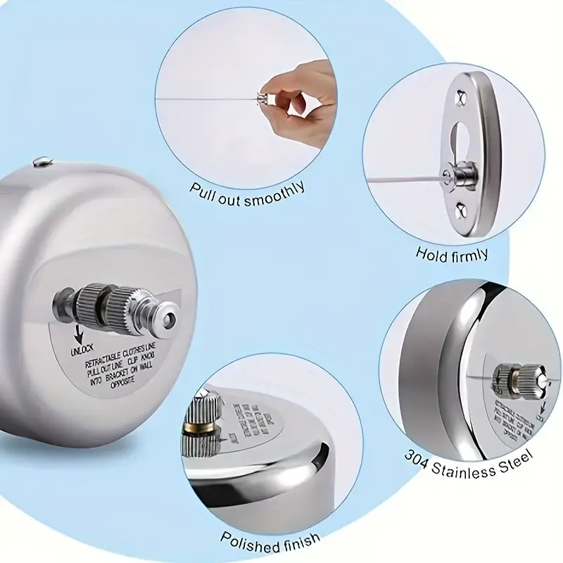 Retractable Stainless Steel Clothesline - Wall-Mounted, Adjustable Laundry Drying Line for Indoor/Outdoor Use, Space-Saving Design